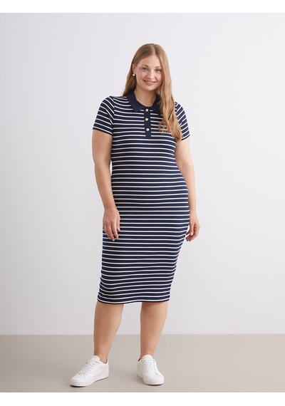 Lcw Vision Lacivert Polo Yaka Çizgili Elbise