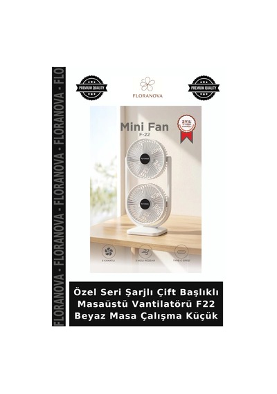 Özel Seri Şarjlı Çift Başlıklı Masaüstü Vantilatörü F22 Beyaz Masa Çalışma Küçük