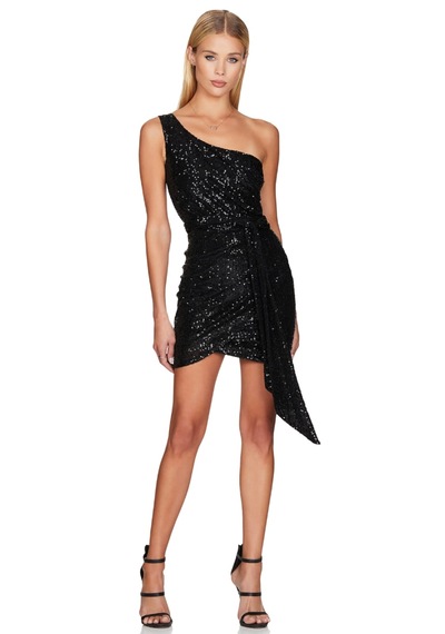 Hanife Glam Couture Hanife Glam Tek Omuz Zara Pupayet İşlemeli Mini Elbise Siyah