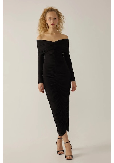 Hiccup Drapeli Off Shoulder Bodycon Maxi Elbise Siyah