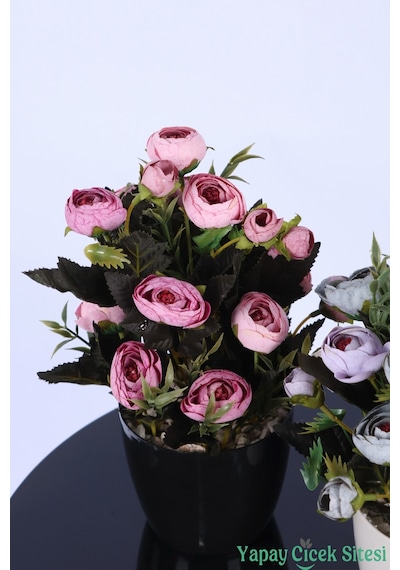 Yapay Çiçek Sitesi Plastik Saksıda Yapay Tomurcuklu Ranunkulus Tanzimi 2'li Set 30 Cm Pembe - Lila