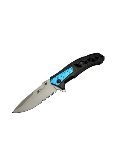 Mtech 4193 Mavi Kamp Çakı 21cm - Yarı Otomatik, Kemerlikli, Testere Detaylı, Desenli Sap
