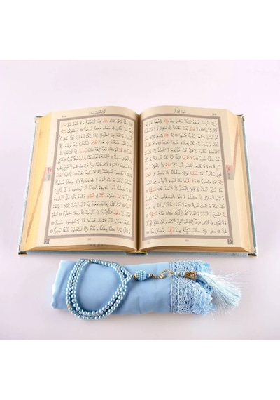 Şal + Tesbih + Kuran Hediye Seti Orta Boy, Kadife, Lafzatullah, Açık Mavi