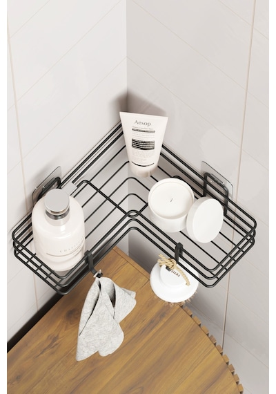 Zabata Yapışkanlı Banyo Köşeliği Köşe Rafı Duş Şampuanlık Duvar Düzenleyici Organizer Raf Siyah Metal Siyah