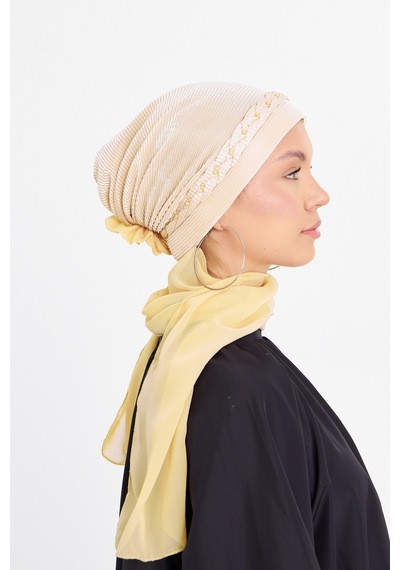 Hürrem Bone Bej Pratik Hazır Geçmeli Tesettür Bone Fukuro Piliseli Örgülü Şif Bej