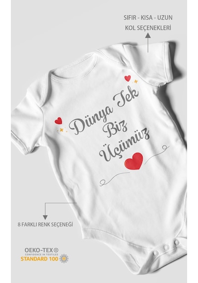 Morivokids Dünya Tek Biz Üçümüz Kısa Kollu Bebek Body %100 Pamuk Beyaz