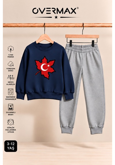 Overmax Türk Bayrağı Baskılı Çocuk Bisiklet Yaka Sweatshirt Eşofman Takımı- 3-12 Yaş Lacivert Üst-gri Alt - 928962138 Lacivert Üst-gri Alt