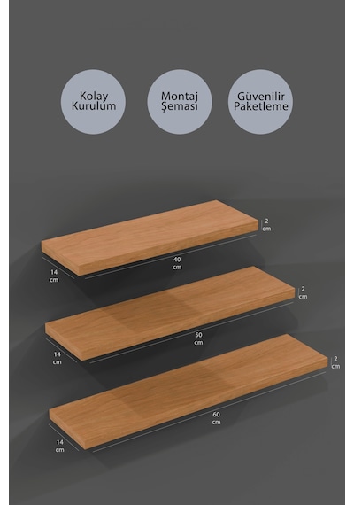 Yankı-BYEG 3lü 40 cm 50 cm 60 cm Safir Meşe Mdf Uçan Duvar Rafı Kitaplık