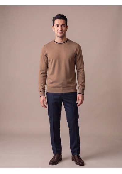 Maccali Erkek Camel Kontrast Şeritli Bisiklet Yaka Triko Sweatshirt