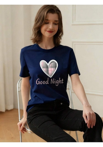 Uyguntarz Unisex Night Kalp Baskılı Tasarım Tshirt Lacivert