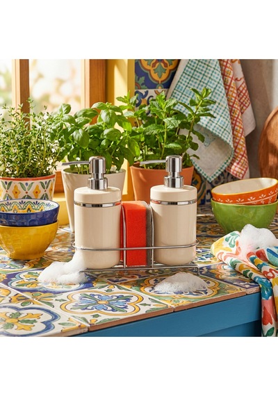 Makri Home 2'li Sıvı Sabunluk Seti, Süngerlikli Ve Stantlı, Beyaz Gümüş Beyaz
