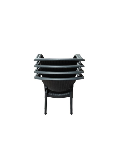 4 Adet Bambu Plastik Rattan Bahçe Balkon Teras Sandalyesi Gizli Metal Profil Ayaklı Kollu Sandalye Gri