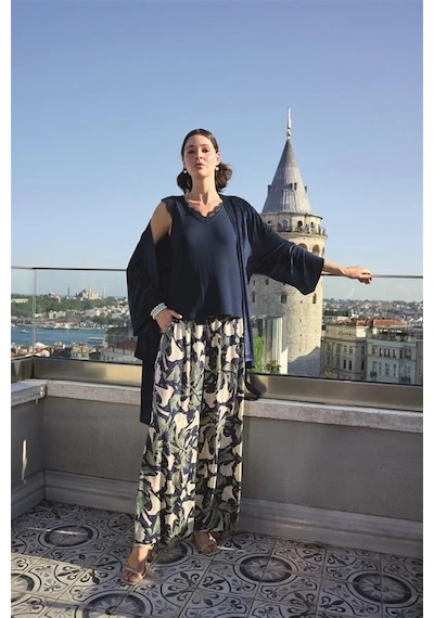 Ang Butik Kadın Yaprak Desenli Ve Dantelli 3'lü Pijama Takımı Lacivert