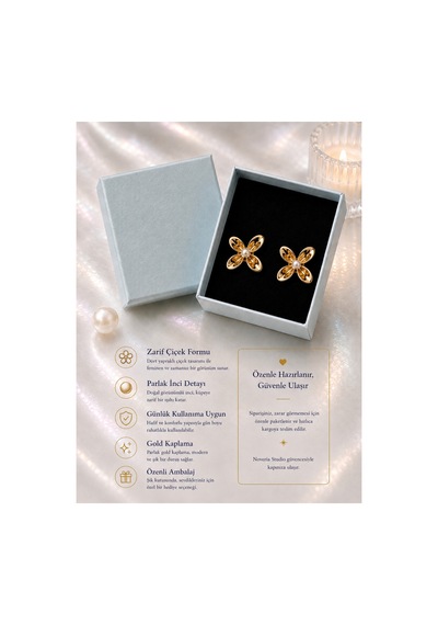 Pearl Collection Lily Pearl Gold İnci Çiçek Küpe Altın Altın