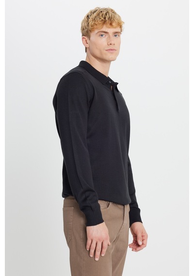 AC&Co / Altınyıldız Classics Erkek Sıyah Yünlü Standart Fit Normal Kesim Polo Yaka Triko Kazak SIYAH
