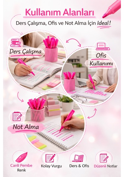 Fosforlu Kalem Seti 10'lu Pembe Highlighter Pembe