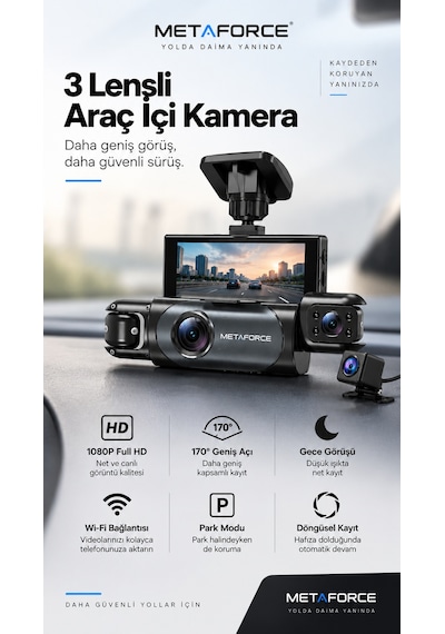 3 Lensli Wi-fi Araç İçi Kamera 1080p Full Hd 3.18" Ips Dokunmatik Ekran Gece Görüşlü Park Modu Destekli Otonom Kamera Türkçe