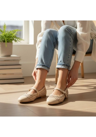 Ne&ve Shoes Bej Deri Biye Örgü Detaylı Tokalı Kadın Babet