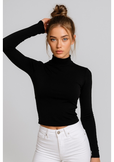Rich Kadın Siyah Yarım Balıkçı Yaka Uzun Kollu Crop Bluz Siyah