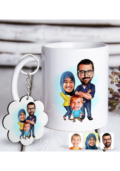 Kişiye Özel Tesettürlü Aile Karikatürlü Beyaz Kupa Ve Anahtarlık N11.833