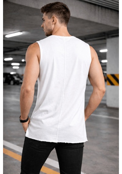 Erkek Kolsuz Regular Fit Basic Atlet Yan Yırtmaçlı Pis Yaka Tişört Beyaz