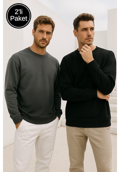 Rich Erkek 2'li Paket Siyah - Antrasit Bisiklet Yaka Scuba Basic Sweatshirt Siyah
