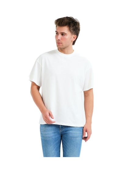 Justever 100% Pamuk Oversize Fit Bisiklet Yaka Ekru Erkek T-shirt - Alpha Ekru