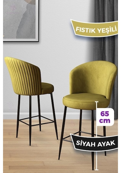 Canisa Alte Serisi 6 Fıstık Yeşili Sandalye 65 Cm Ada Mutfak Bar Sandalyesi Babyface Kumaş Siyah Metal Ayak Sandalyeler Fıstık Yeşili Ayaklar Siyah