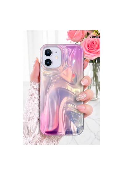 Fibaks iPhone 12/12 Pro Uyumlu Kılıf Rüya Shine Saten Dokulu Renk Geçişli Hologram Efektli 3d Baskılı Silikon