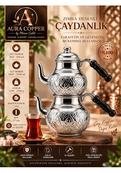 Aura Copper El İşlemeli Bakır Çaydanlık Seti 1 Mm Üst 850-950 Ml Alt 1850-1950 Ml 27 Cm Bakır Renk