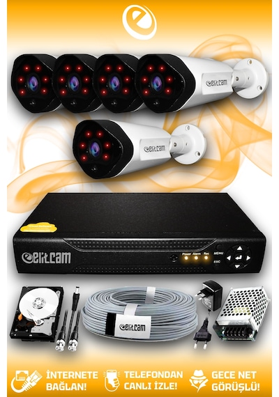Elitcam 5 Kameralı Uzay 5 Dış Kamera Set 1 TB HDD Full HD Gece Görüşlü Güvenlik Kamerası Sistemi
