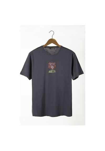 Kadın Antrasit Bisiklet Yaka Önü Anime Kızı Baskılı Oversize T-shirt Antrasit
