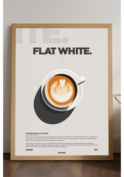 Flat White Kahve Doğal Ahşap Çerçeveli Poster, Dekoratif Duvar Tablosu