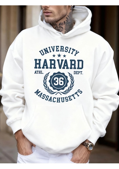Startmore Tarzsokak Üniversite Harvard Massachusetts Baskı Sonbahar Yumuşak Kapüşonlu Üst Erkek Polar Gevşek Kaza Beyaz