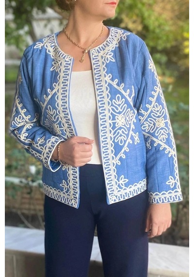 Mia Butik Kadın Mavi Bordur Nakışlı Astarlı Ceket Mavi