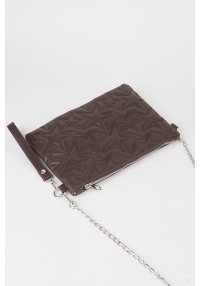 Vivaq Kadın Kahverengi Yıldız Nakışlı Suni Deri Bilek Ve Zincir Askılı Portföy El Ve Clutch Çanta
