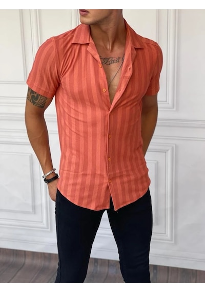 Modefendi Dikey Desen Detaylı Normal Slim Fit Pamuklu Gömlek Turuncu Modefendi Dikey Desen Detaylı Normal Slim Fit Pamuklu Gömlek Turuncu