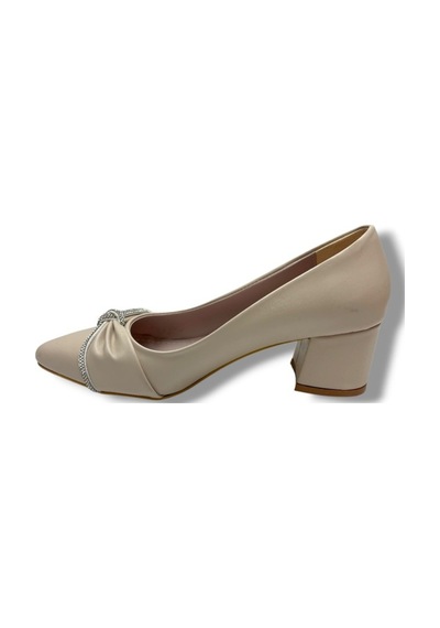 C-shoes 150-26 Cilt Deri Düğüm Taşlı Kalın Topuk Kadın Ayakkabı 38-40 Krem