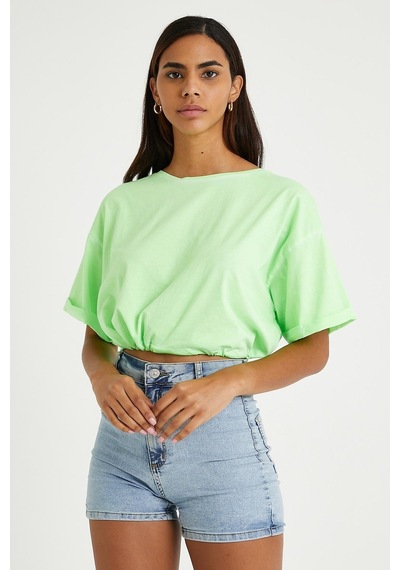 Kadın Neon Yağ Yıkamalı T-shirt Yeşil