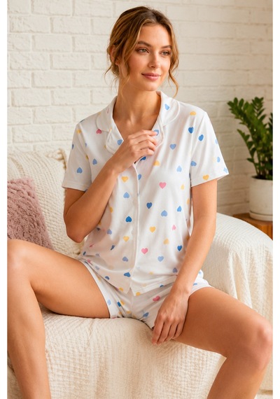 Renkli Kalp Desenli Düğmeli Şortlu Pijama Takımı 4610 -kırık Beyaz