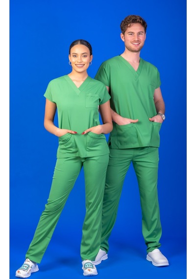 Tek Üst Unisex Kalıp Fıstık Yeşili Likralı Hemşire / Doktor Forması Scrubs Yeşil
