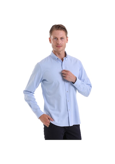 Hatemoğlu Mavi Comfort Fit Düz 100% Pamuk Düğmeli Yaka Uzun Kollu Casual Ox Mavi