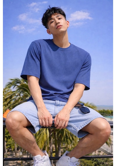 Tarz Cool Erkek Jakarlı Oversize Tişört Bisiklet Yaka Rahat Kalıp Yazlık Basic T-shirt Lacivert