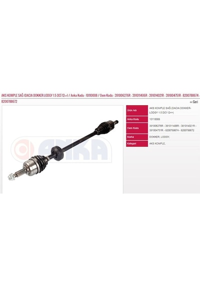 On Aks Komple Sağ Dokker-lodgy 1,5dcı K9k 12- 1 Ad