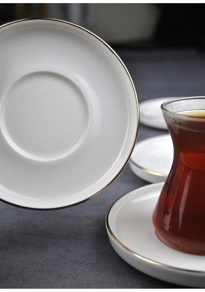 12 Parça Limonlu Çay Seti Limon Dekorlu Çay Bardağı Ve Gold Porselen Çay Tabağı Çok Renkli
