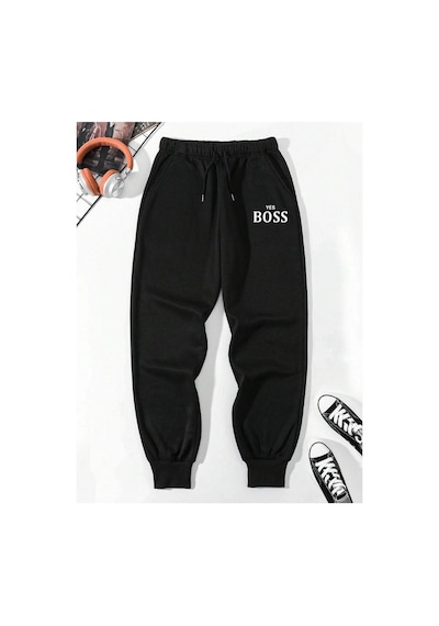 Tarzsokak Letter Graphic Drawstring Waist Pants Siyah