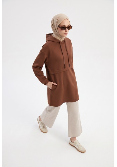 Armine Trend Kapüşonlu Cep Detaylı Uzun Sweat Tunik Vizon 24kt454