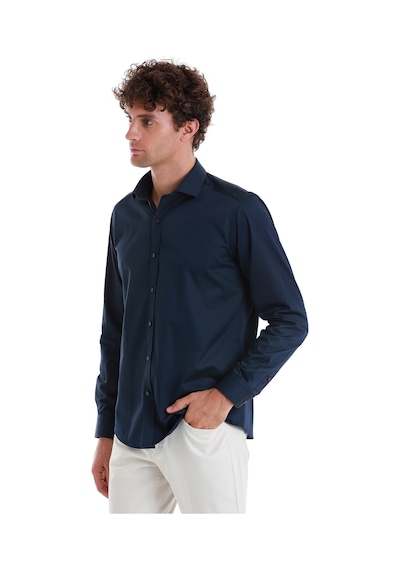 Hatemoğlu Lacivert Slim Fit Düz 100% Pamuk Açık İtalyan Yaka Uzun Kollu Saten Gömlek 24d190000045 005 Lacivert