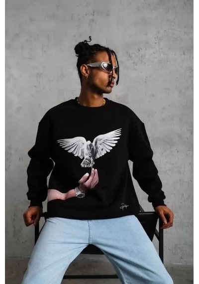 Vexor Erkek Güvercin Baskılı Sweatshirt - Siyah
