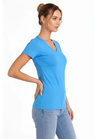Suma T-shirt V Yaka Slim Fit Likralı Tişört Günlük Basic Body - Açık Mavi